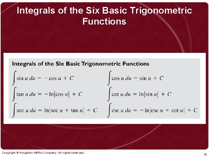 Integrals of the Six Basic Trigonometric Functions Copyright © Houghton Mifflin Company. All rights