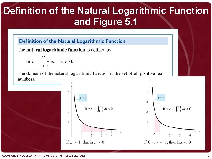 Definition of the Natural Logarithmic Function and Figure 5. 1 Copyright © Houghton Mifflin