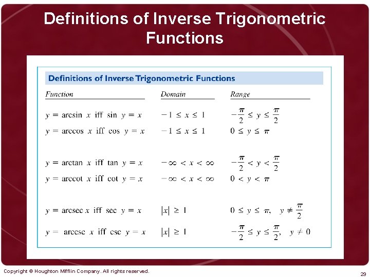 Definitions of Inverse Trigonometric Functions Copyright © Houghton Mifflin Company. All rights reserved. 29