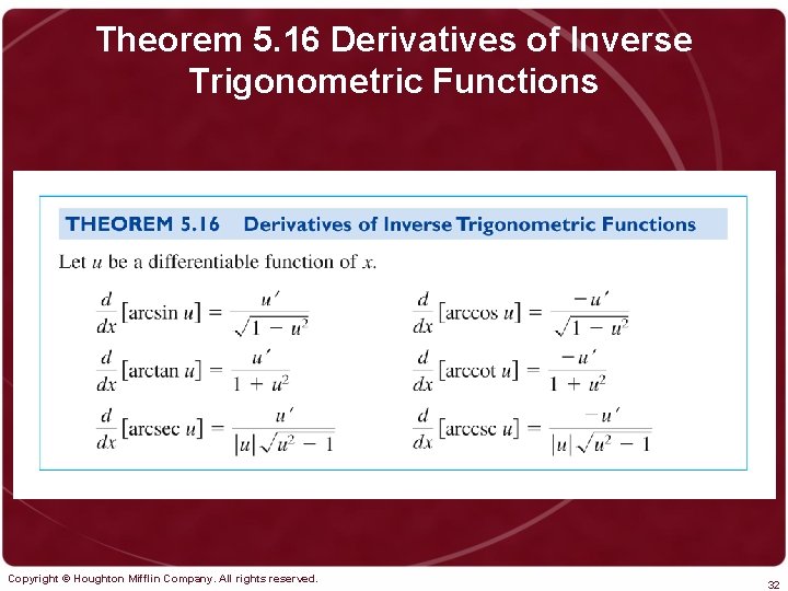 Theorem 5. 16 Derivatives of Inverse Trigonometric Functions Copyright © Houghton Mifflin Company. All