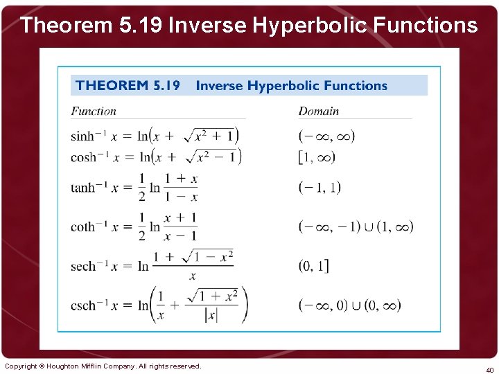 Theorem 5. 19 Inverse Hyperbolic Functions Copyright © Houghton Mifflin Company. All rights reserved.