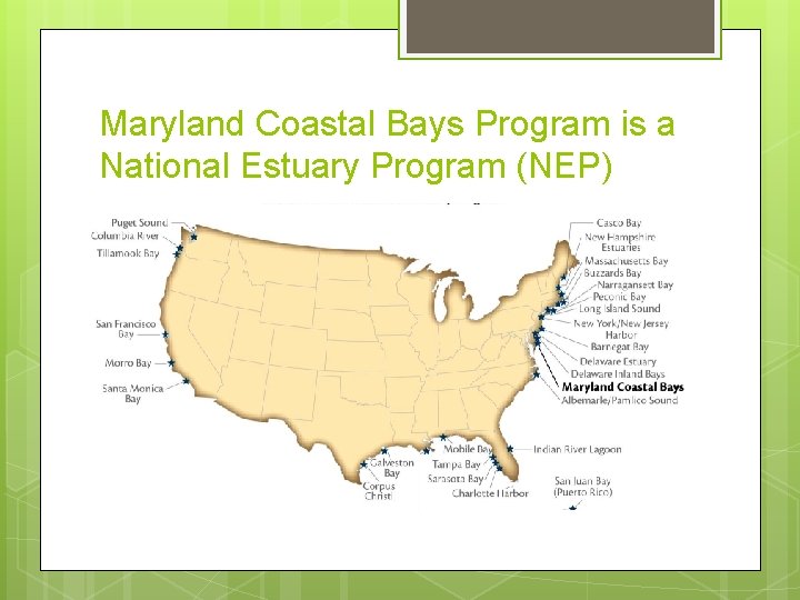 Maryland Coastal Bays Program is a National Estuary Program (NEP) Maryland Coastal Bays Program is a National Estuary Program (NEP)