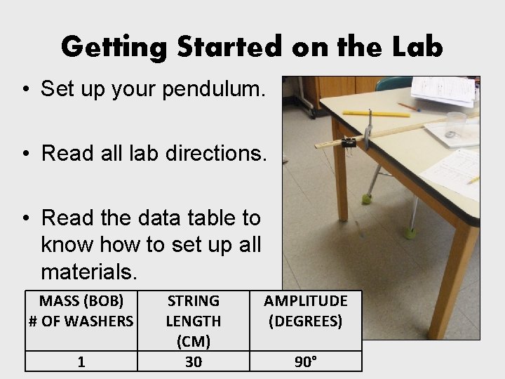 Getting Started on the Lab • Set up your pendulum. • Read all lab