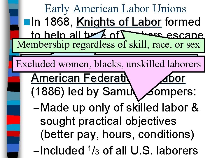 Early American Labor Unions n In 1868, Knights of Labor formed to help all