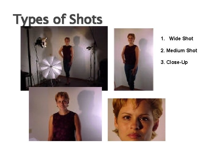 Types of Shots 1. Wide Shot 2. Medium Shot 3. Close-Up 