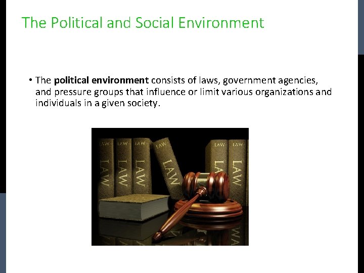 The Political and Social Environment • The political environment consists of laws, government agencies,