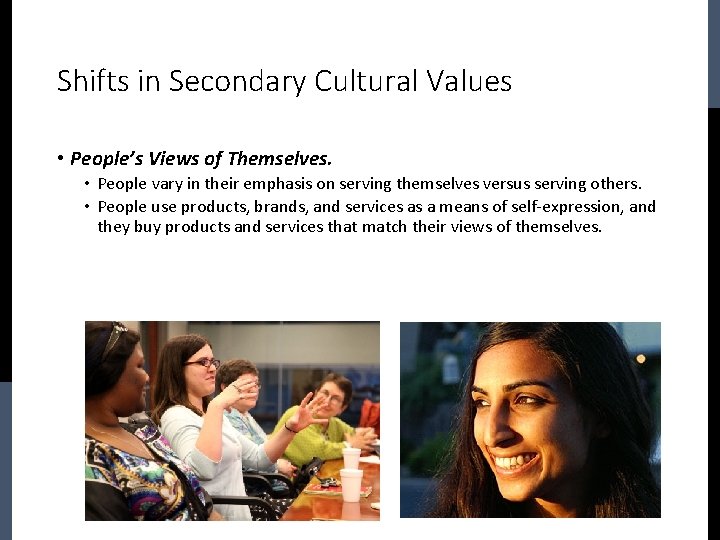 Shifts in Secondary Cultural Values • People’s Views of Themselves. • People vary in