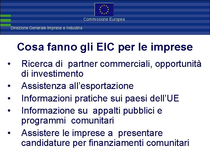 Direzione Commissione Europea Generale Imprese Direzione Generale Imprese e Industria Cosa fanno gli EIC