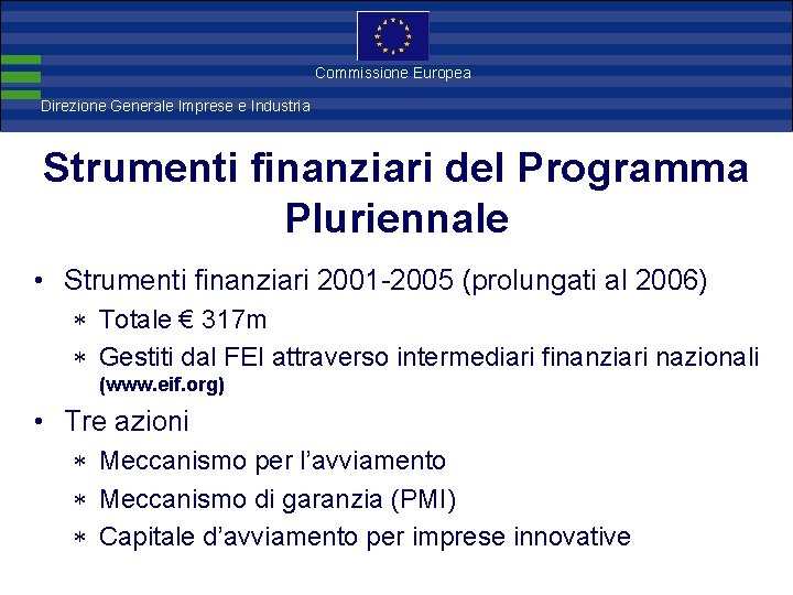 Direzione Commissione Europea Generale Imprese Direzione Generale Imprese e Industria Strumenti finanziari del Programma