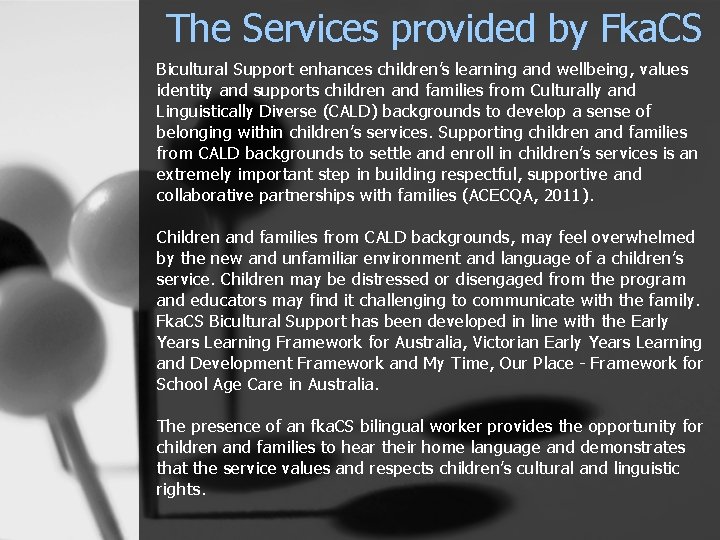 The Services provided by Fka. CS Bicultural Support enhances children’s learning and wellbeing, values