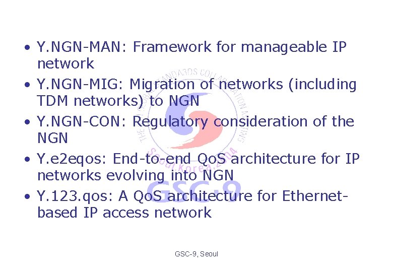  • Y. NGN-MAN: Framework for manageable IP network • Y. NGN-MIG: Migration of