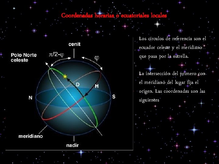 Coordenadas horarias o ecuatoriales locales Los círculos de referencia son el ecuador celeste y