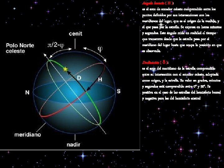 Angulo horario ( H ): es el arco de ecuador celeste comprendido entre los