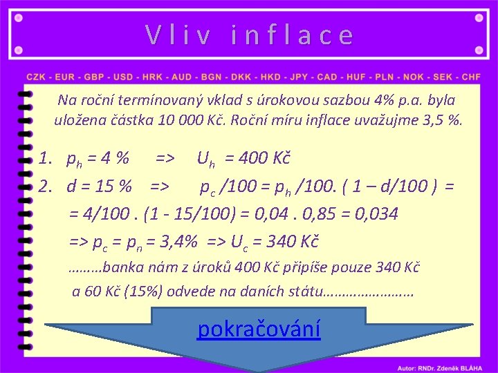 Vliv inflace Na roční termínovaný vklad s úrokovou sazbou 4% p. a. byla uložena