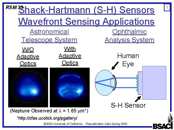 Shack-Hartmann (S-H) Sensors Wavefront Sensing Applications RSM 33 Astronomical Telescope System W/O Adaptive Optics