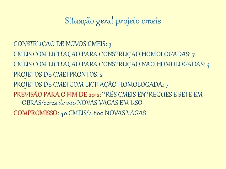 Situação geral projeto cmeis CONSTRUÇÃO DE NOVOS CMEIS: 3 CMEIS COM LICITAÇÃO PARA CONSTRUÇÃO