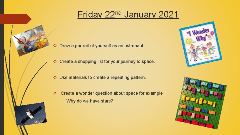 Friday 22 nd January 2021 Draw a portrait of yourself as an astronaut. Create