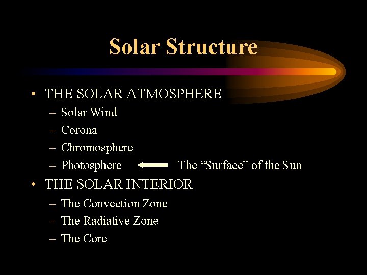 Solar Structure • THE SOLAR ATMOSPHERE – – Solar Wind Corona Chromosphere Photosphere The