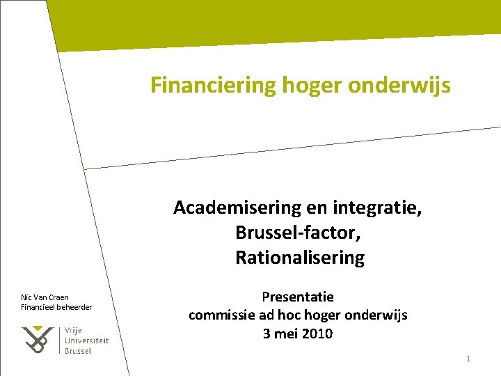 Financiering hoger onderwijs Academisering en integratie, Brussel-factor, Rationalisering Nic Van Craen Financieel beheerder Presentatie