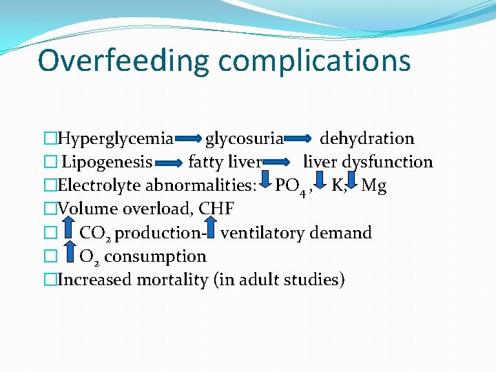 Overfeeding complications �Hyperglycemia glycosuria dehydration � Lipogenesis fatty liver dysfunction �Electrolyte abnormalities: PO 4