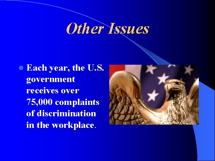 Other Issues l Each year, the U. S. government receives over 75, 000 complaints