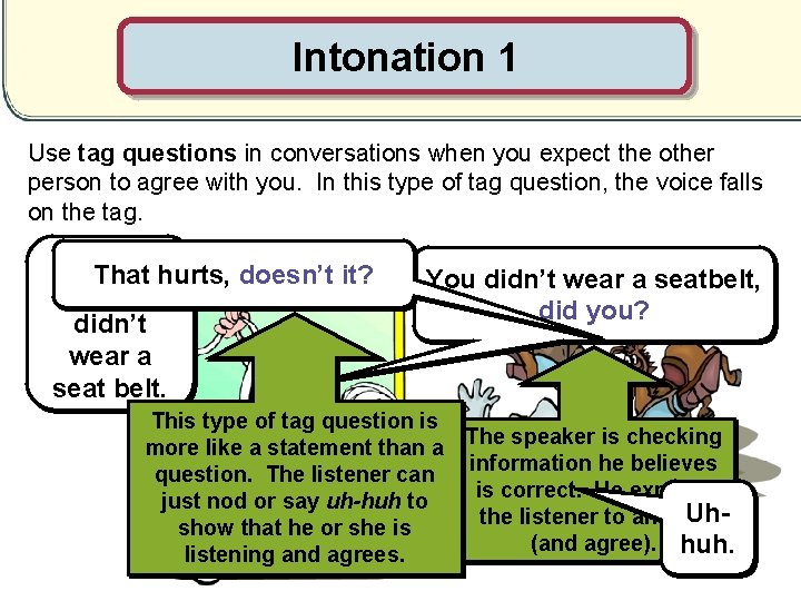 Intonation 1 Use tag questions in conversations when you expect the other person to