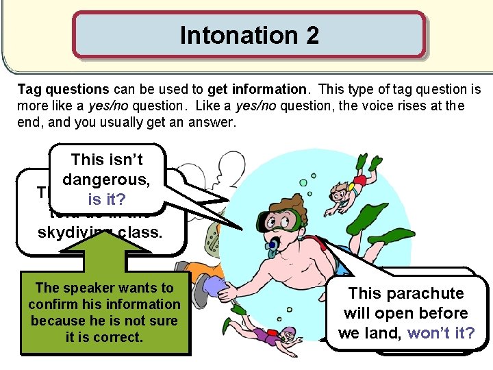 Intonation 2 Tag questions can be used to get information. This type of tag