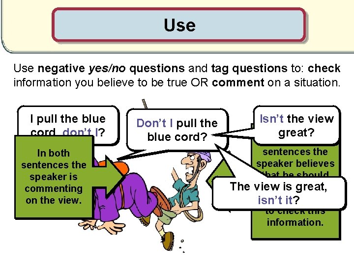 Use negative yes/no questions and tag questions to: check information you believe to be