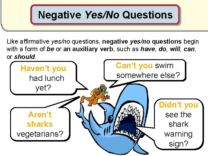 Negative Yes/No Questions Like affirmative yes/no questions, negative yes/no questions begin with a form