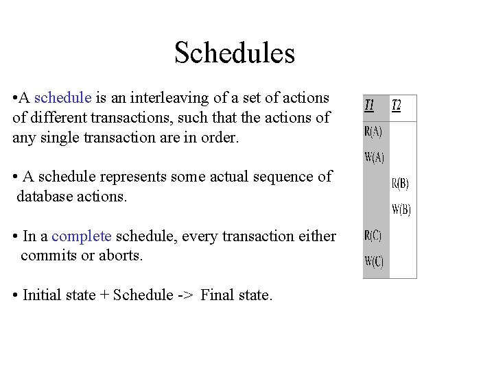 Schedules • A schedule is an interleaving of a set of actions of different