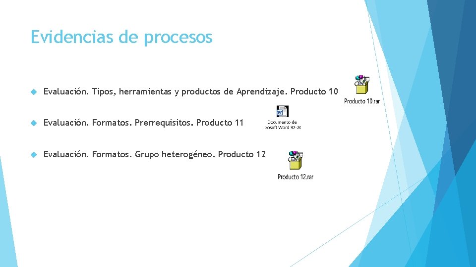 Evidencias de procesos Evaluación. Tipos, herramientas y productos de Aprendizaje. Producto 10 Evaluación. Formatos.