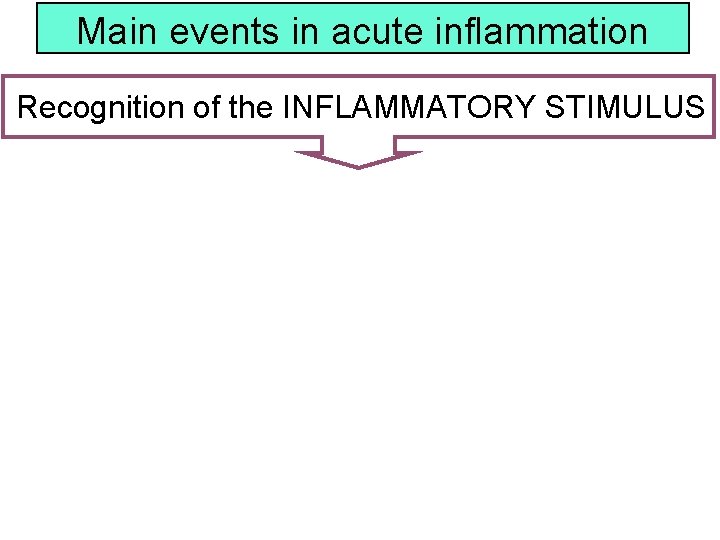 Main events in acute inflammation Recognition of the INFLAMMATORY STIMULUS 