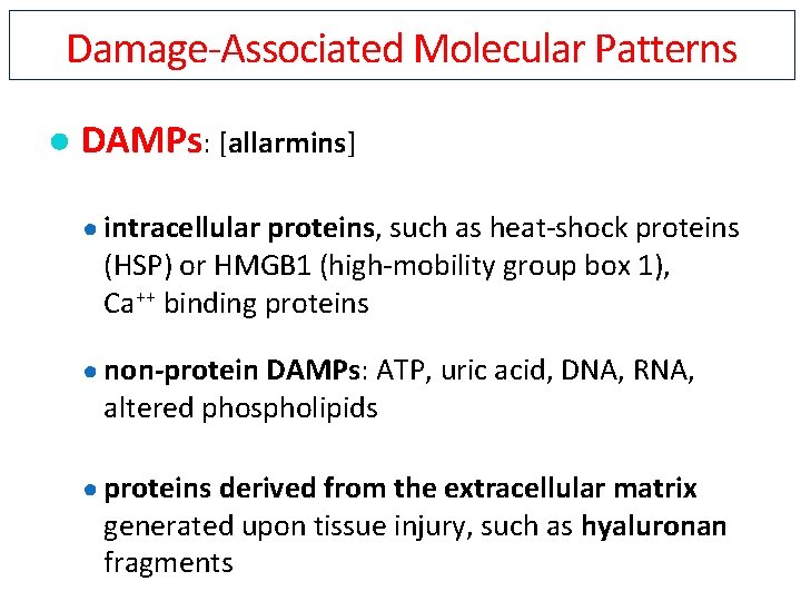 Damage-Associated Molecular Patterns ● DAMPs: [allarmins] ● intracellular proteins, such as heat-shock proteins (HSP)