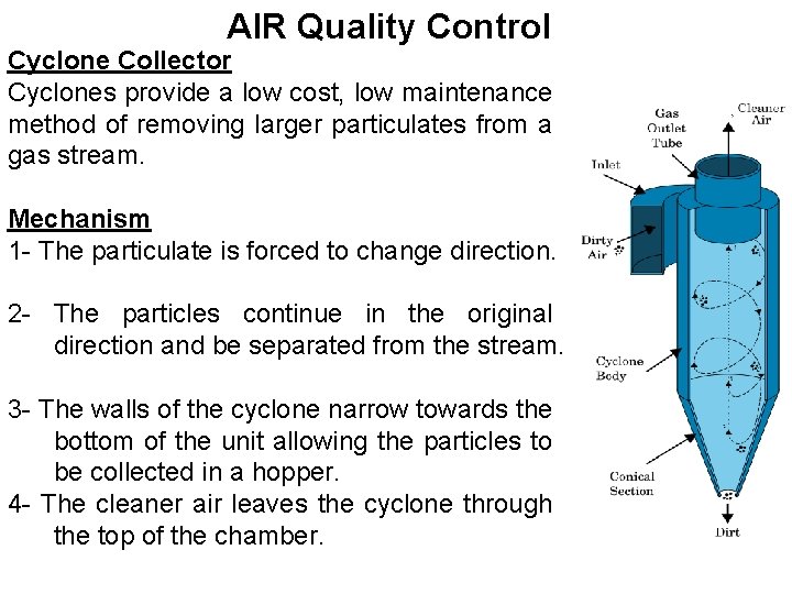 AIR Quality Control Cyclone Collector Cyclones provide a low cost, low maintenance method of