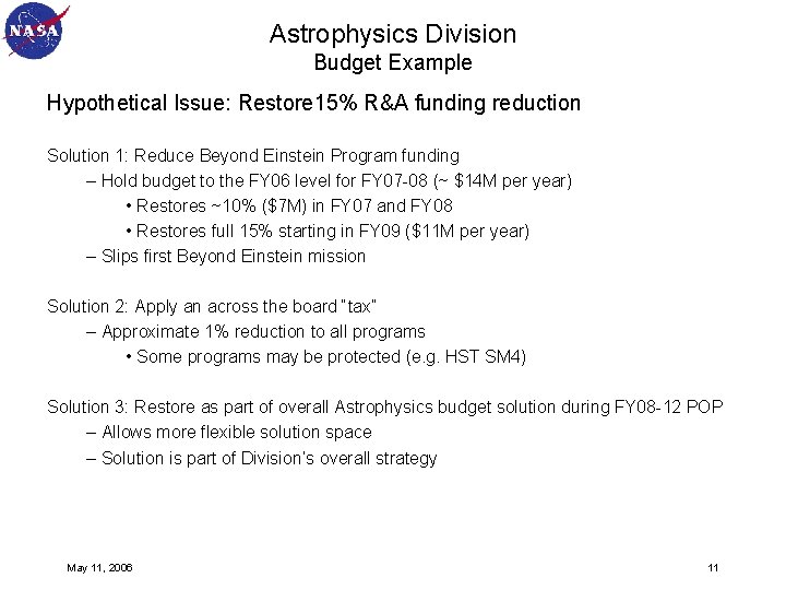 Astrophysics Division Budget Example Hypothetical Issue: Restore 15% R&A funding reduction Solution 1: Reduce