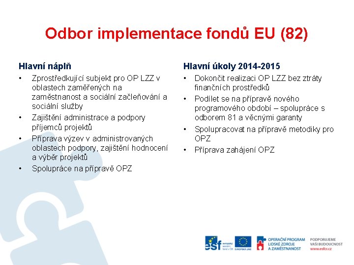 Odbor implementace fondů EU (82) Hlavní náplň Hlavní úkoly 2014 -2015 • • •