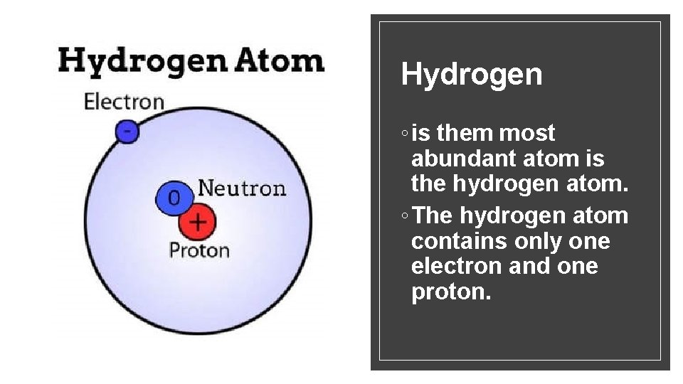 Hydrogen ◦ is them most abundant atom is the hydrogen atom. ◦ The hydrogen