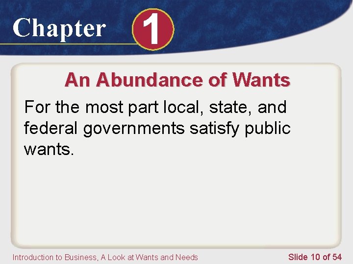 Chapter 1 An Abundance of Wants For the most part local, state, and federal