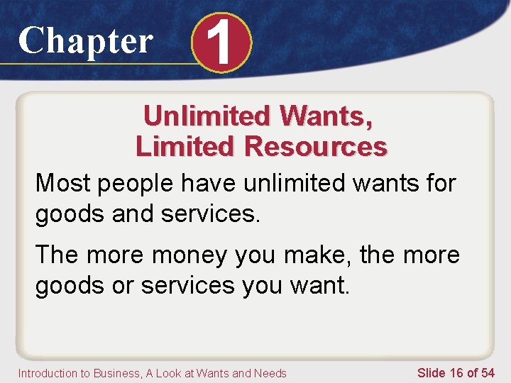 Chapter 1 Unlimited Wants, Limited Resources Most people have unlimited wants for goods and