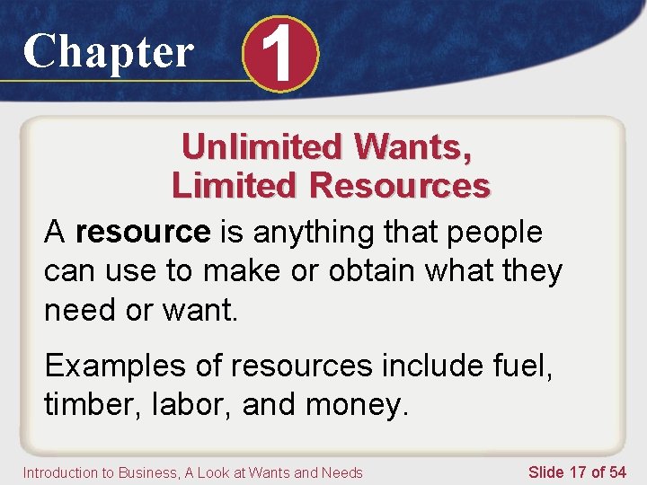 Chapter 1 Unlimited Wants, Limited Resources A resource is anything that people can use