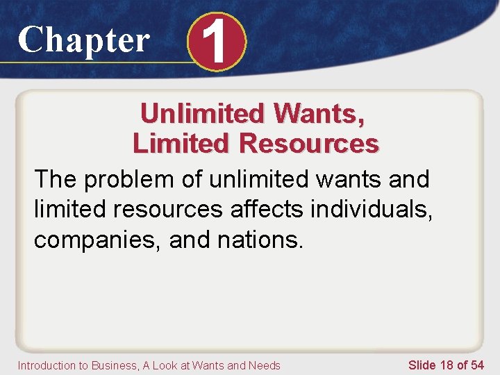 Chapter 1 Unlimited Wants, Limited Resources The problem of unlimited wants and limited resources