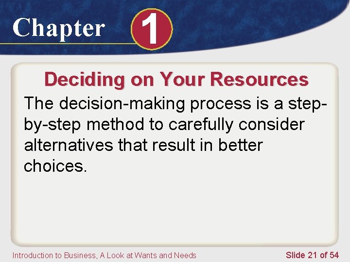 Chapter 1 Deciding on Your Resources The decision-making process is a stepby-step method to