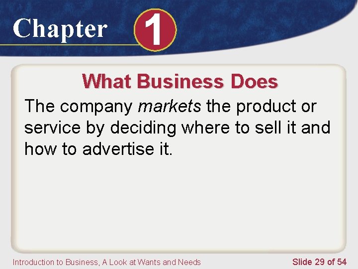 Chapter 1 What Business Does The company markets the product or service by deciding