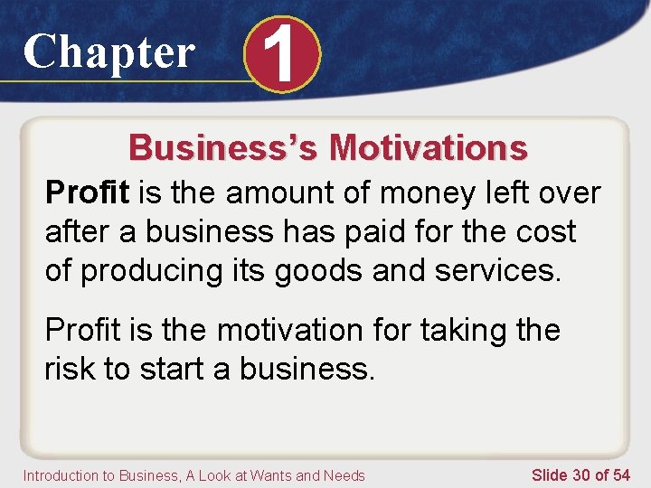 Chapter 1 Business’s Motivations Profit is the amount of money left over after a