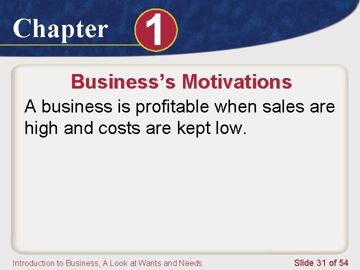 Chapter 1 Business’s Motivations A business is profitable when sales are high and costs