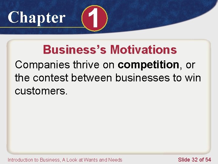 Chapter 1 Business’s Motivations Companies thrive on competition, or the contest between businesses to