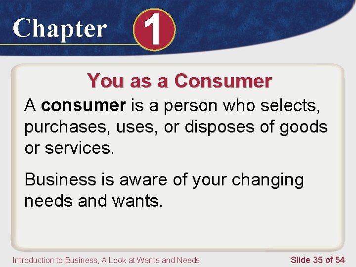 Chapter 1 You as a Consumer A consumer is a person who selects, purchases,