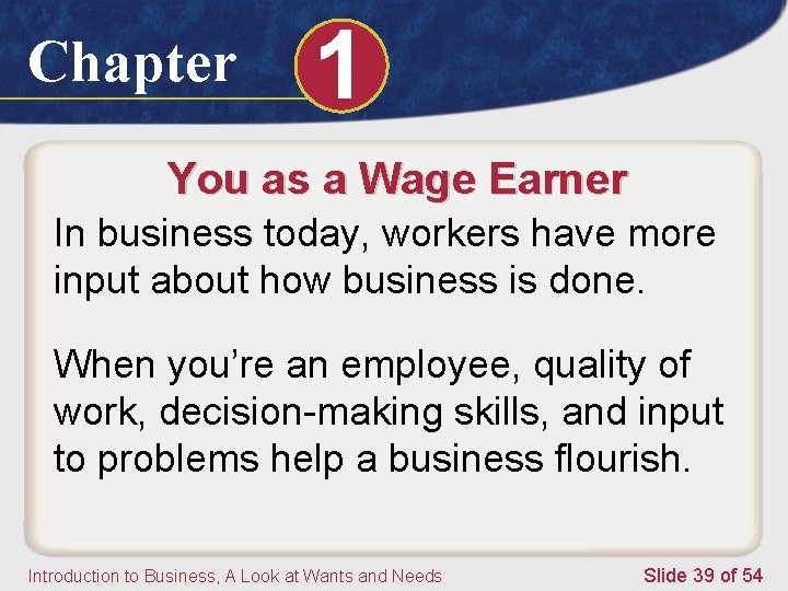 Chapter 1 You as a Wage Earner In business today, workers have more input
