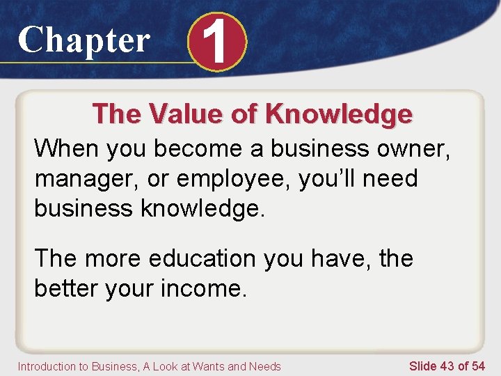 Chapter 1 The Value of Knowledge When you become a business owner, manager, or