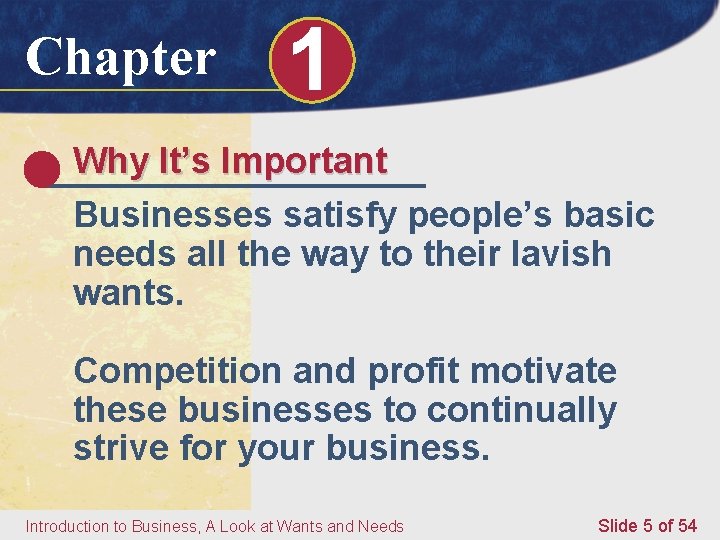 Chapter 1 Why It’s Important Businesses satisfy people’s basic needs all the way to